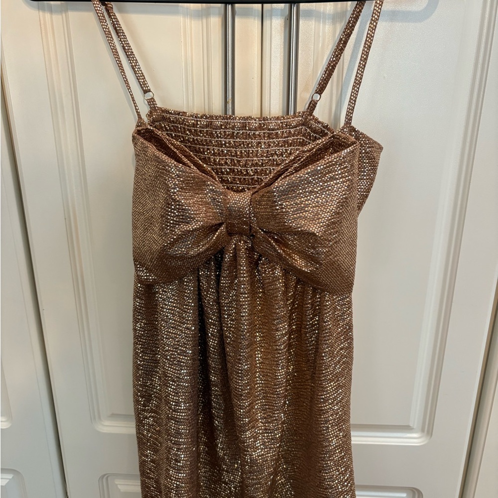 Show Me Your Mumu Shimmer Gold Mini Dress with Bow Detail